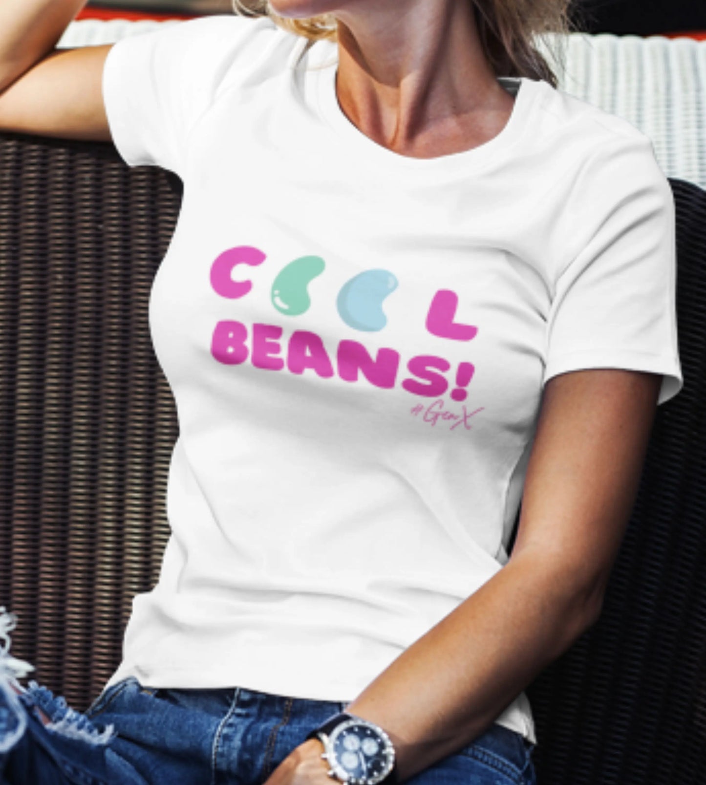 womens fit short sleeve crewneck white t-shirt designed with "Cool Beans!" in colorful lettering. #GenXVibes