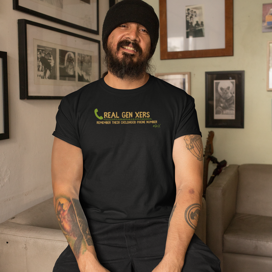 bearded man with tattoos wearing black real gen xers remember their phone number shirt 